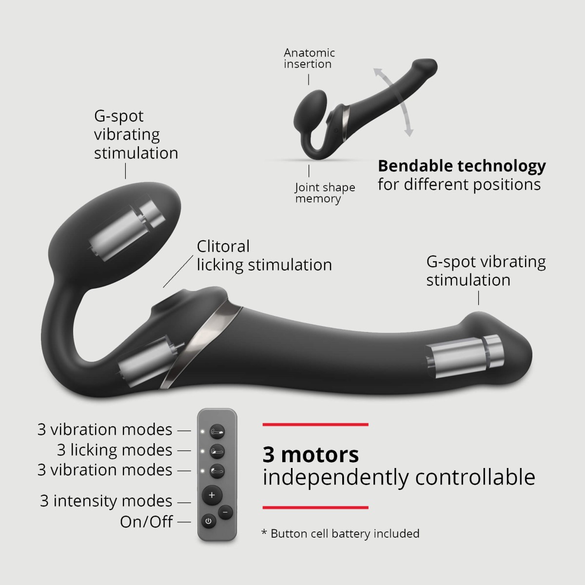 Medium Silicone Multi Orgasm Clitoral Sucking Bendable Strapless Strap On - Black by Sexopolis