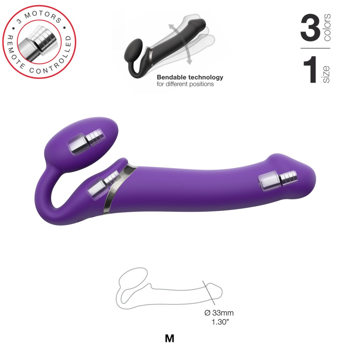 3 Motor Remote Controlled Medium Vibrating Silicone Strapless Strap On - Purple by Sexopolis