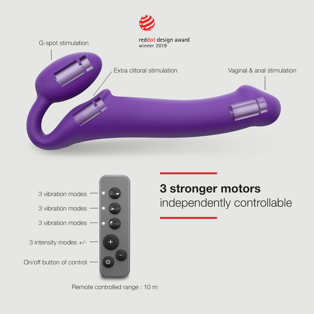 3 Motor Remote Controlled Medium Vibrating Silicone Strapless Strap On - Purple by Sexopolis