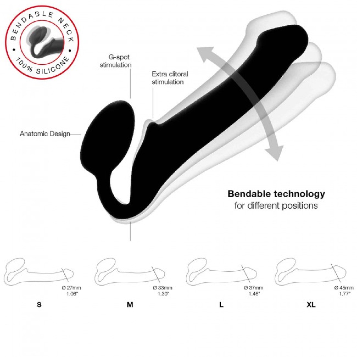 Bendable Medium Semi Realistic Silicone Strapless Strap On - Black by Sexopolis
