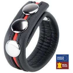 Adjustable Leather Cock Ring with 3 Snaps - Black/Red | Cock Rings
