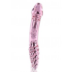 Rhinestone Scepter Dotted & Ribbed Curved Glass Dildo - Pink
