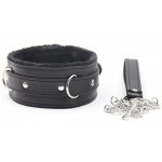 Δερμάτινο Κολάρο με Γούνα & Λουρί Black Fur Leather Collar with Leash - Μαύρο | Κολάρα