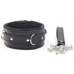 Δερμάτινο Κολάρο με Γούνα & Λουρί Black Fur Leather Collar with Leash - Μαύρο