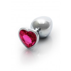 Medium Heart Gem Metal Butt Plug - Silver/Pink