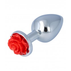 No.26 Metal Butt Plug with Rose Jewel Medium - Silver/Red