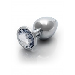 Large Round Gem Metal Butt Plug - Silver/Transparent