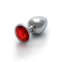 Large Round Gem Metal Butt Plug - Silver/Red