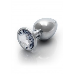 Medium Round Gem Metal Butt Plug - Silver/Transparent