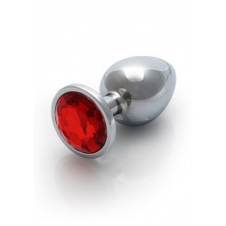 Medium Round Gem Metal Butt Plug - Silver/Red