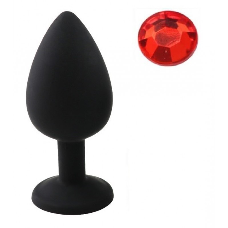 Πρωκτική Σφήνα Σιλικόνης με Κυκλικό Κόσμημα Large Silicone Round Jewel Butt Plug - Μαύρο/Κόκκινο | Πρωκτικές Σφήνες με Κόσμημα
