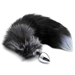 Medium Black & White Fox Tail Butt Plug - Silver/Gray | Tail Butt Plugs