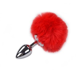 Metal Small Anal Fluffy Butt Plug - Silver/Red