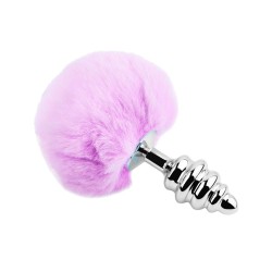 Μεταλλική Ραβδωτή Πρωκτική Σφήνα με Ουρά Metal Anal Fluffy Large Twist Butt Plug - Ασημί/Ροζ | Πρωκτικές Σφήνες με Ουρά
