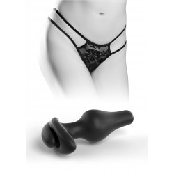 Crotchless Pleasure Pearls Panty with Silicone Butt Plug - Black