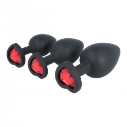 Σετ Πρωκτικές Σφήνες Σιλικόνης με Κόσμημα Καρδιά E14 Silicone Heart Jewel Butt Plug Set - Κόκκινο/Μαύρο | Σετ Πρωκτικές Σφήνες