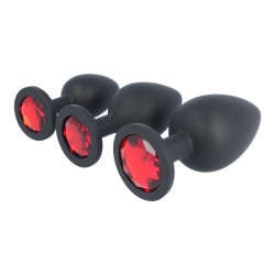 Σετ Πρωκτικές Σφήνες Σιλικόνης με Κυκλικό Κόσμημα E13 Silicone Round Jewel Butt Plug - Μαύρο/Κόκκινο | Σετ Πρωκτικές Σφήνες
