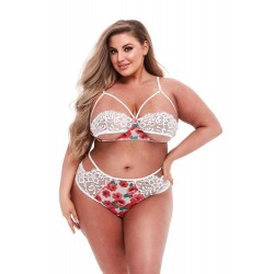 White Floral & Lace Bra Set with But Opening Plus Size - Multicolour