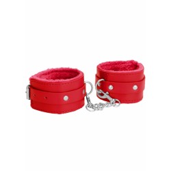 Ouch Plush Leather Hand Cuffs - Red