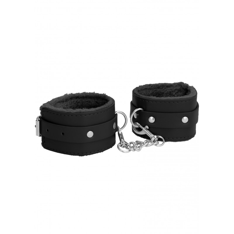 Δερμάτινες Χειροπέδες με Κρίκο & Εσωτερική Γούνα Ouch Plush Leather Hand Cuffs - Μαύρες | Χειροπέδες - Ποδοπέδες