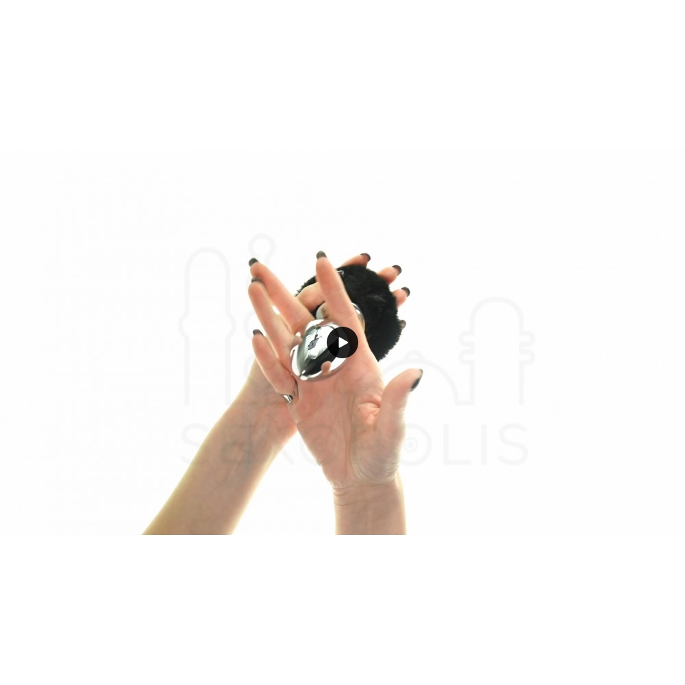 Μεταλλική Πρωκτική Σφήνα με Μαύρη Φουντωτή Ουρά Large Metallic Black Bunny Tail Butt Plug - Ασημί/Μαύρο | Πρωκτικές Σφήνες με Ουρά