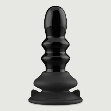 Ασύρματη Γυάλινη Δονούμενη Σφήνα με Βεντούζα & Ραβδώσεις Ribbly Remote Controlled Ribbed Glass Butt Plug with Suction Cup - Μαύρη