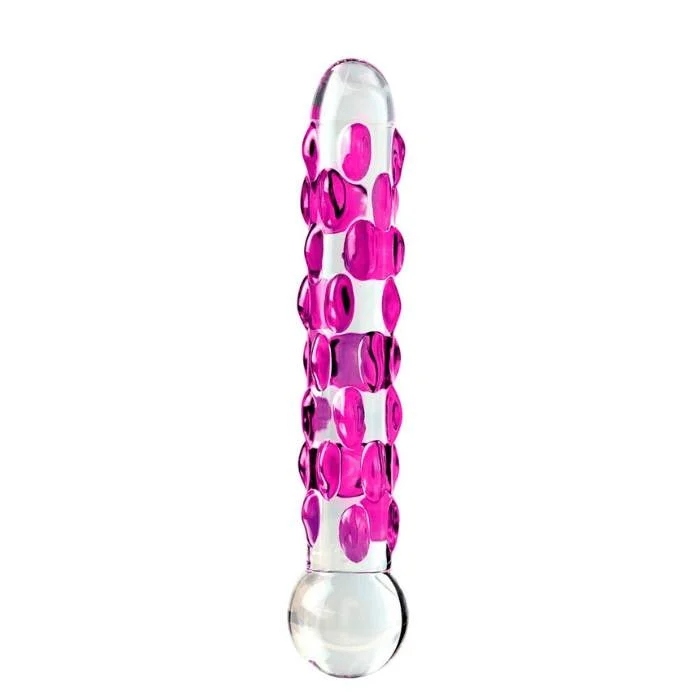 Διάφανο γυάλινο dildo με ροζ εξογκώματα, κάθετα τοποθετημένο, σε λευκό φόντο.