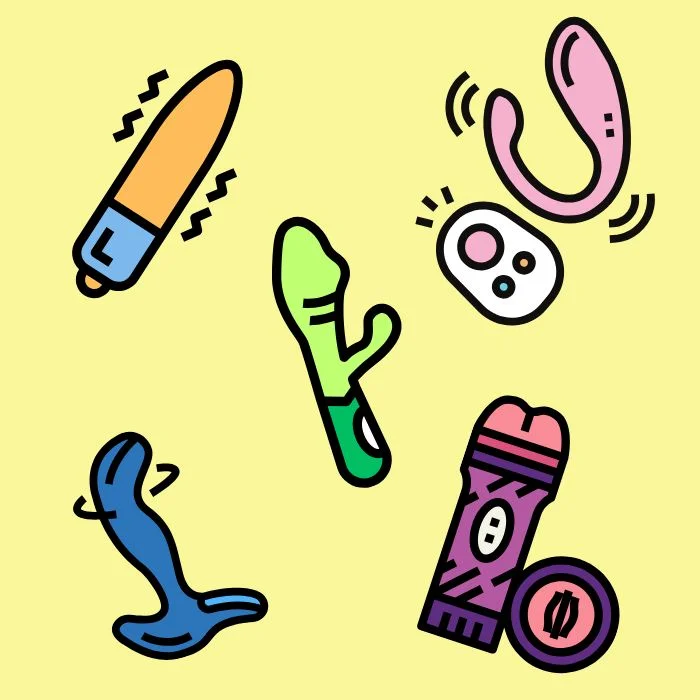 Εικονογράφηση με πολύχρωμους δονητές, rabbit vibrator και πρωκτικό sex toy για σεξ στα γρήγορα σε ανοιχτό πράσινο φόντο.