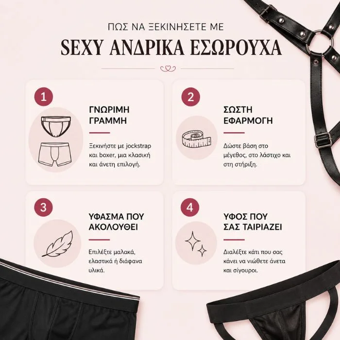 Infographic για sexy ανδρικά εσώρουχα με jockstrap, boxer και harness σε απαλό φόντο.