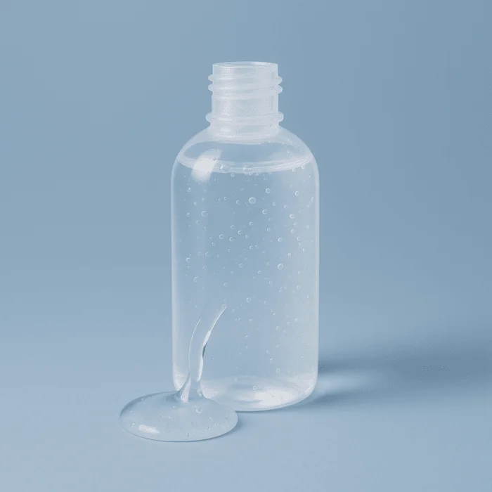 Μικρό διάφανο πλαστικό μπουκαλάκι χωρίς καπάκι με διάφανο τζελ που χύνεται σε μπλε φόντο.