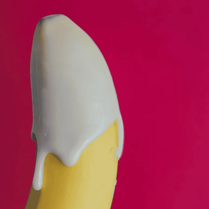 Μισή μπανάνα καλυμμένη με λευκή ουσία, σε κόκκινο φόντο, με σεξουαλικά υπονοούμενο χαρακτήρα.