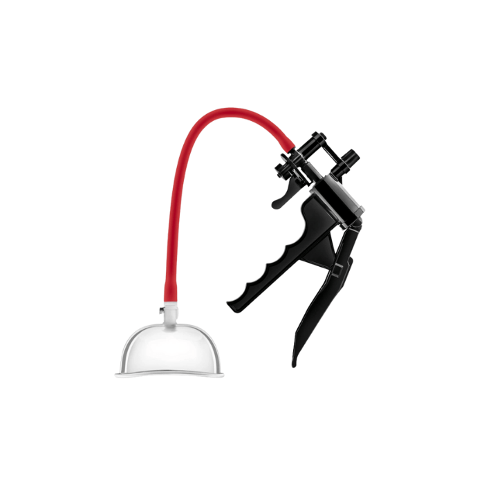 Συσκευή αναρρόφησης με διάφανη κολπική υποδοχή, κόκκινο σωλήνα και μαύρη χειρολαβή τύπου πιστόλι, σε λευκό φόντο.