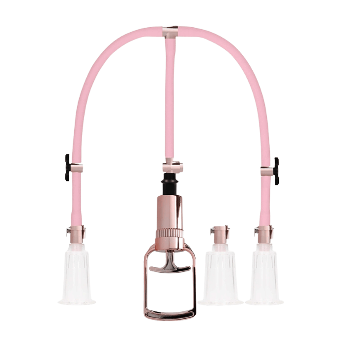 Σετ αναρρόφησης με κεντρική χειρολαβή και ροζ σωλήνες που καταλήγουν σε τρεις διαφανείς καμπάνες αναρρόφησης, σε λευκό φόντο.