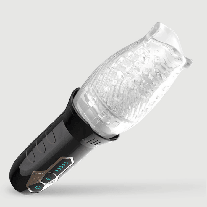 Αυτόματο ανδρικό αυνανιστήρι με μαύρη λαβή και διάφανο θάλαμο.