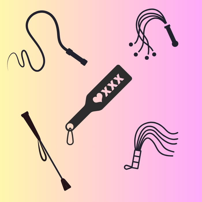 Σιλουέτες από μαστίγιο, floggers, crop και paddle σε κίτρινο-ροζ ντεγκραντέ φόντο.