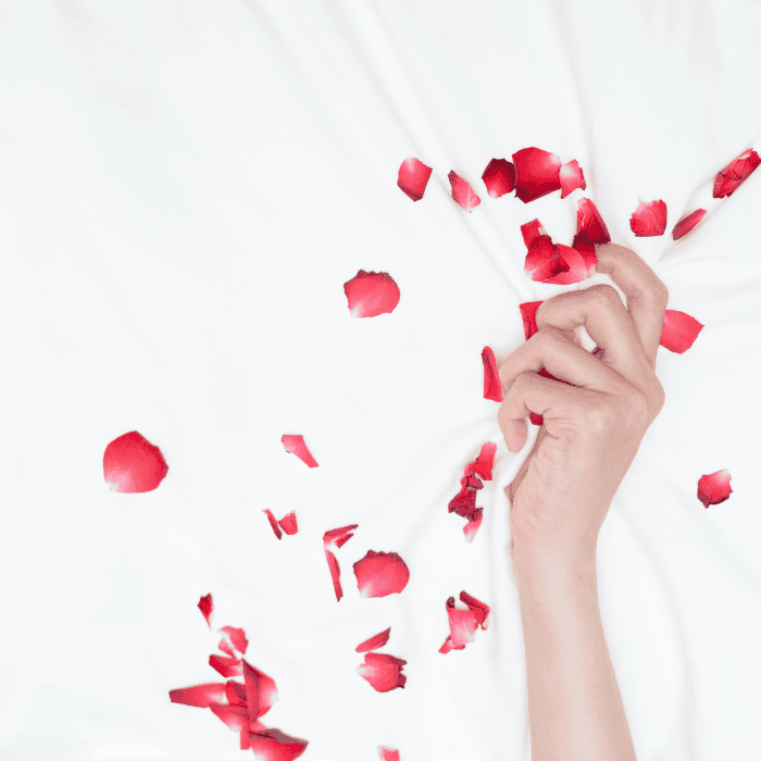 Χέρι Κρατά Σεντόνι Με Ροδοπέταλα Γυναικείο χέρι σφίγγει λευκό σεντόνι, με σκορπισμένα κόκκινα ροδοπέταλα γύρω του.